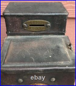 Antique Cast Iron & Metal Penny Coin Op Match Vending Machine Vendor