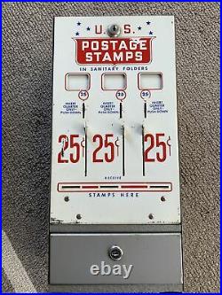 Old Vtg US Mail Postage Metal Stamp Machine Dispenser Coin 25/25 Cent With Keys