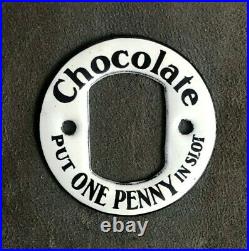 Railway Station Chocolate One Penny Vending Machine Enamel Coin Slot Sign