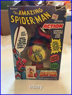 THE AMAZING SPIDERMAN GUM BALL MACHINE COIN BANK VINTAGE 1980'S New in Box