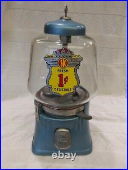 Vintage 1946 Silver King Penny Coin Op Gumball Vending Machine Dispenser