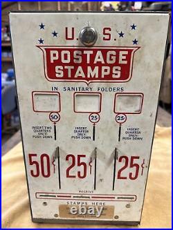 Vintage 1970s 3 Lever Coin Operated US Postage Stamp Vending Machine WITH KEY