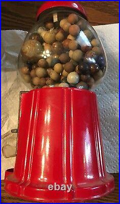 Vintage Gumball Machine Carousel Red Coin Bank With Clay And Glass Marbles