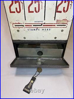 Vintage US Mail Postage Metal Stamp Machine Dispenser Coin 25/25 Cent With Key