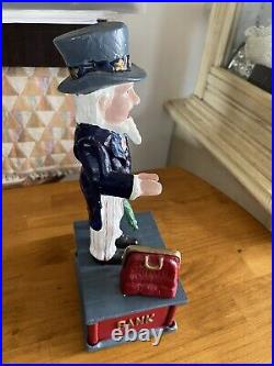 Vintage Uncle Sam The Tax Man w Bag Coin Bank Cast Iron Heavy 10.5 T Eagle